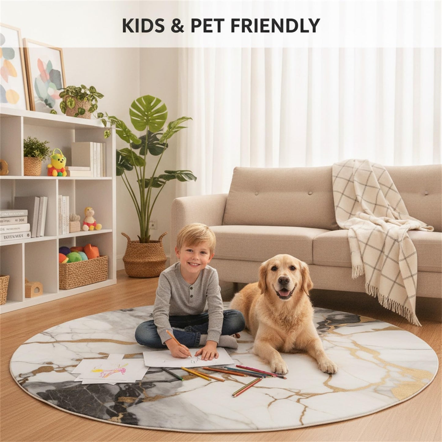Unique Aesthetic Modern Abstract Black Grey Gold Marble Round Area Rug for Living Room Bedroom Guestroom Art Deco Luxury Circle Office Meetingroom Carpet Kitchen Nursery Playroom Floor Rug 6ft
