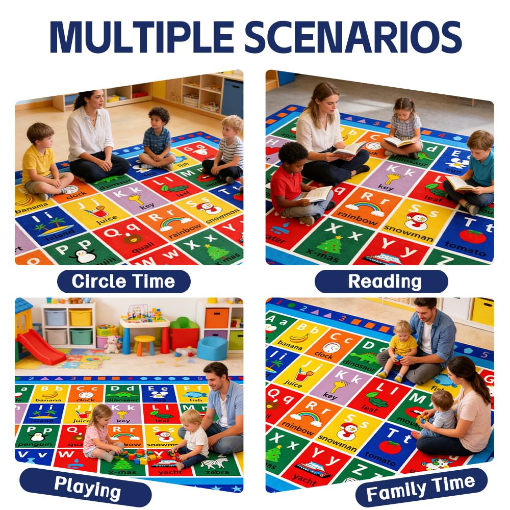 AlaTyche ABC Classroom Rug, Large Classroom Rugs Elementary, Preschool&Daycare Rugs for Classroom,Learning Alphabet Educational Rugs for Kids Playroom, Nursery(8'7''x6'7'', Blue)