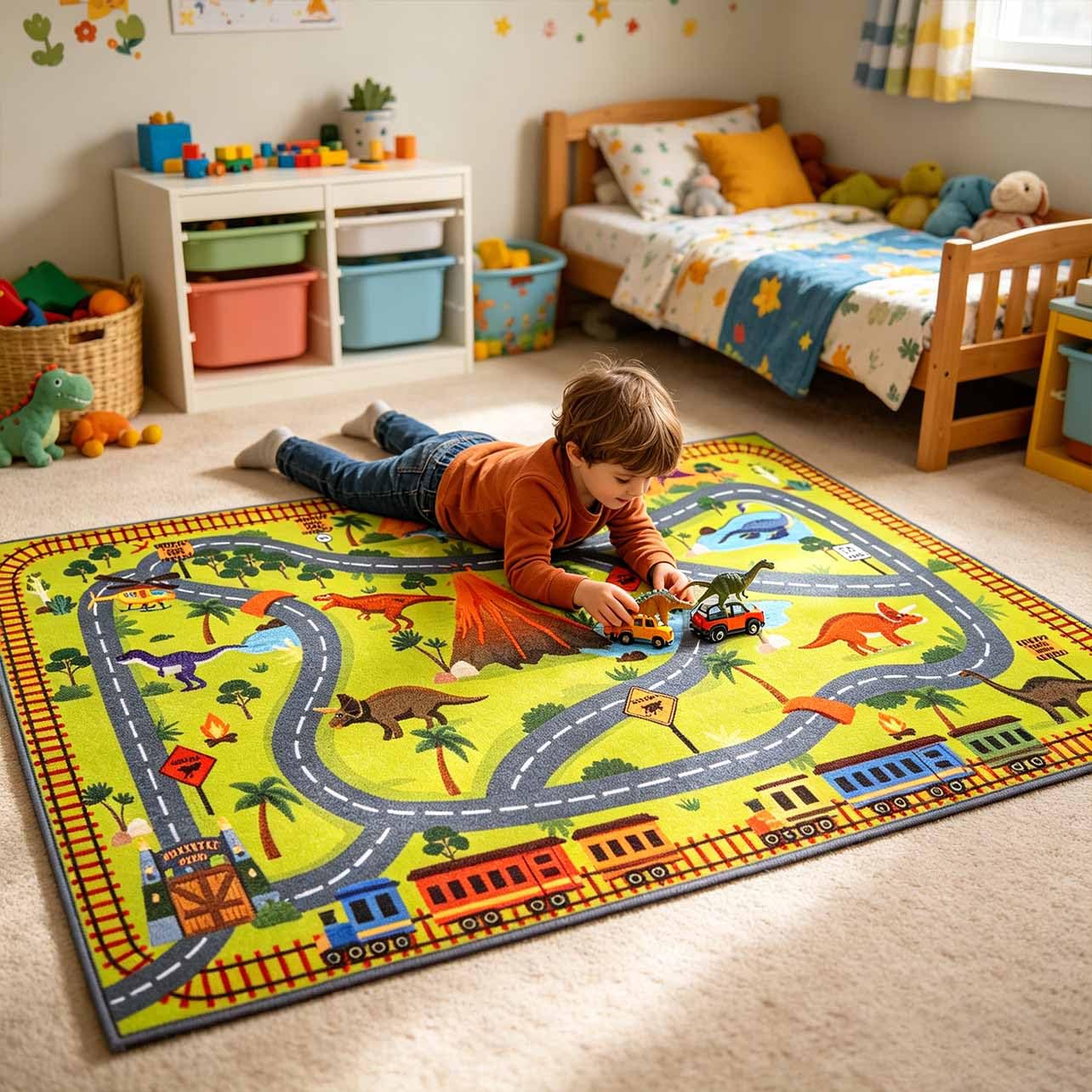 LIVEBOX Kids Dinosaur Car Rug 3x5, Play Rugs with Roads for Toy Cars, Washable Non Slip Advanture Dino Carpet for Boys Bedroom, Playroom