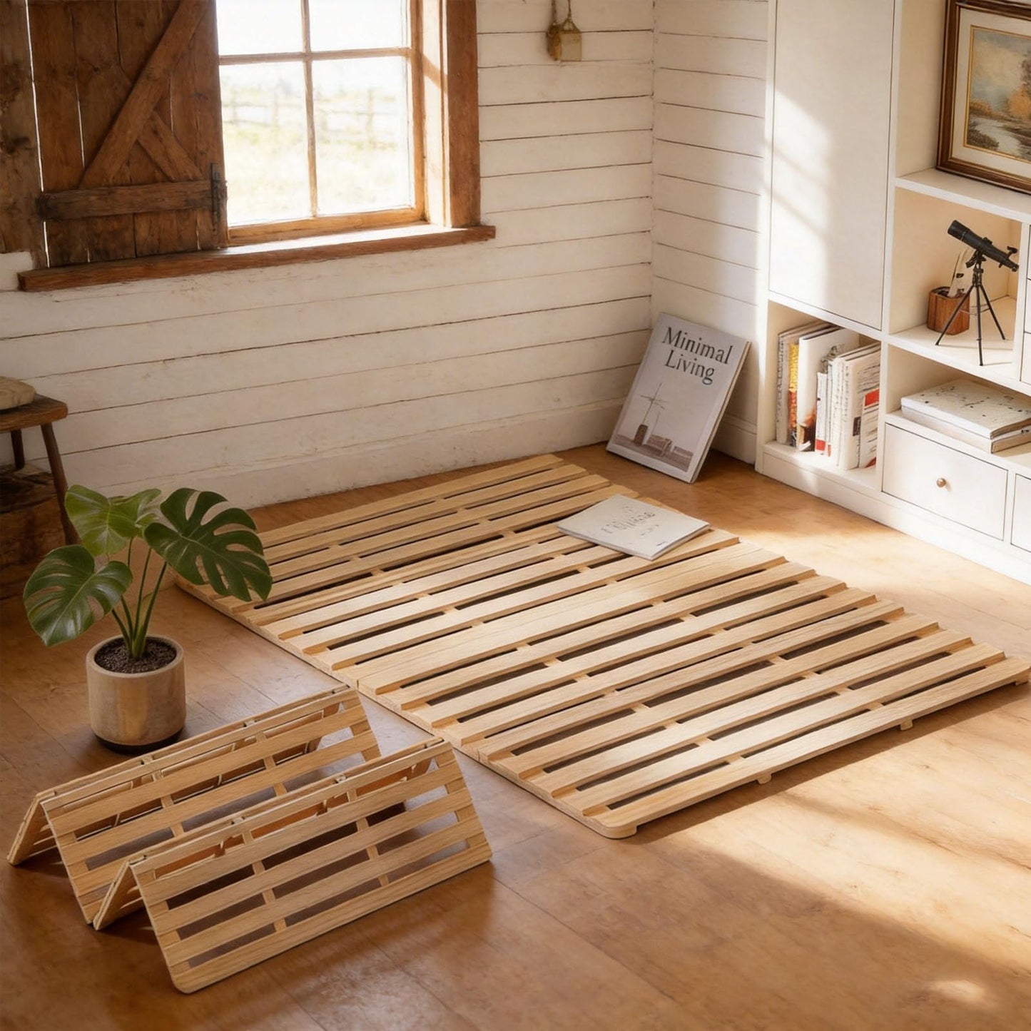 XIJIXILI Floor Bed Frame Japanese Floor Bed Foldable Pallet Moisture-Proof Frame Wooden Floor Platform Guest Tatami Mat