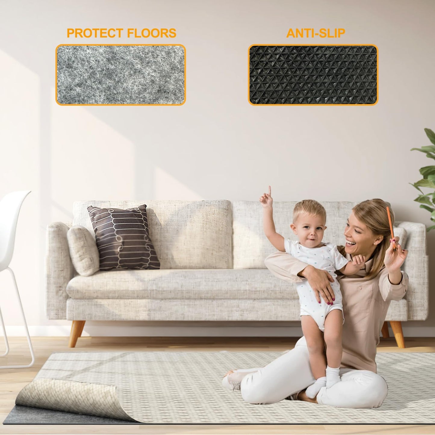 Non Slip Felt Rubber Rug Pad, Thick Felt Rug Pads for Hardwood Floors, Under Area Rugs Protective Cushion Pads for Carpet, Felt and Rubber Underpad for Home Place Surface Safe (Grey, 2' x 4')