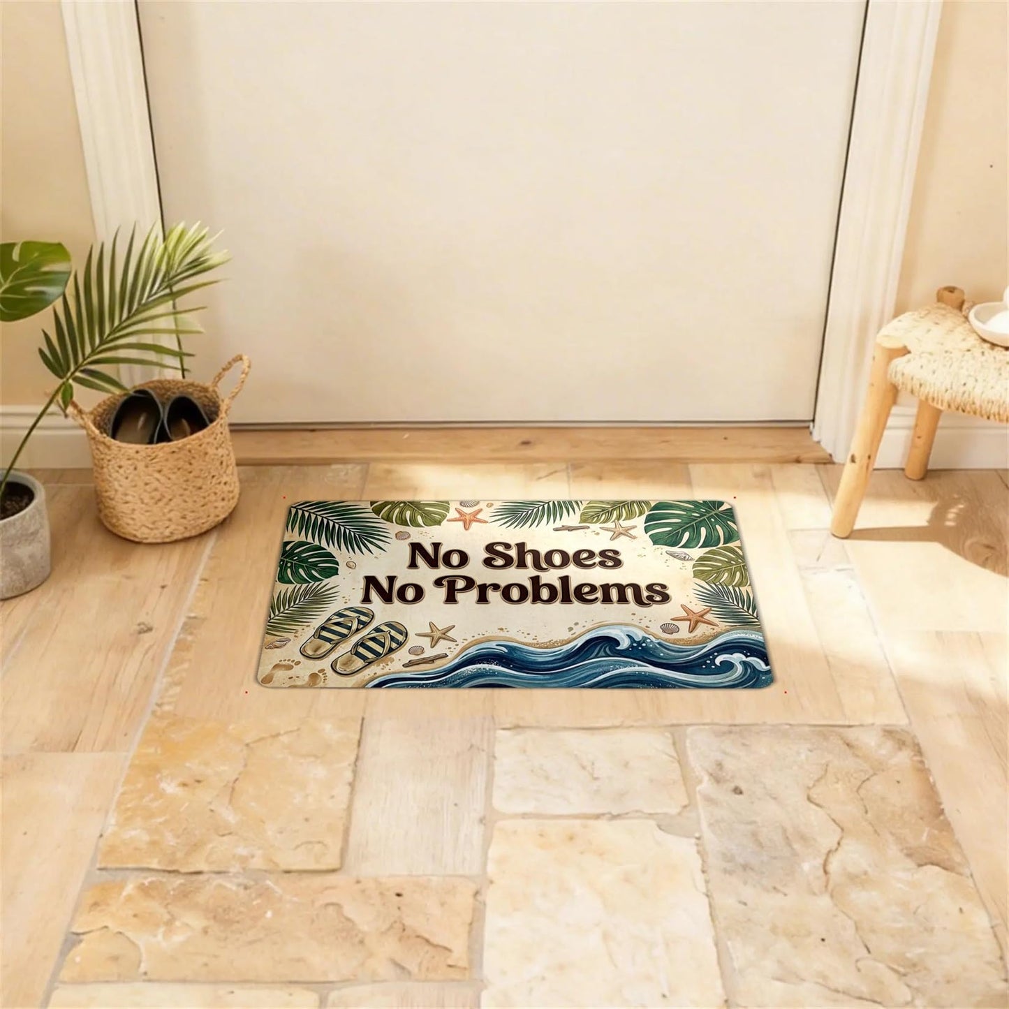 KITAIOPT Beach Theme Doormat, Low Profile Non Slip Rubber Backing, No Shoes No Problems Entrance Mat, 0.12" (3mm) Thin Indoor Floor Mat for Front Door