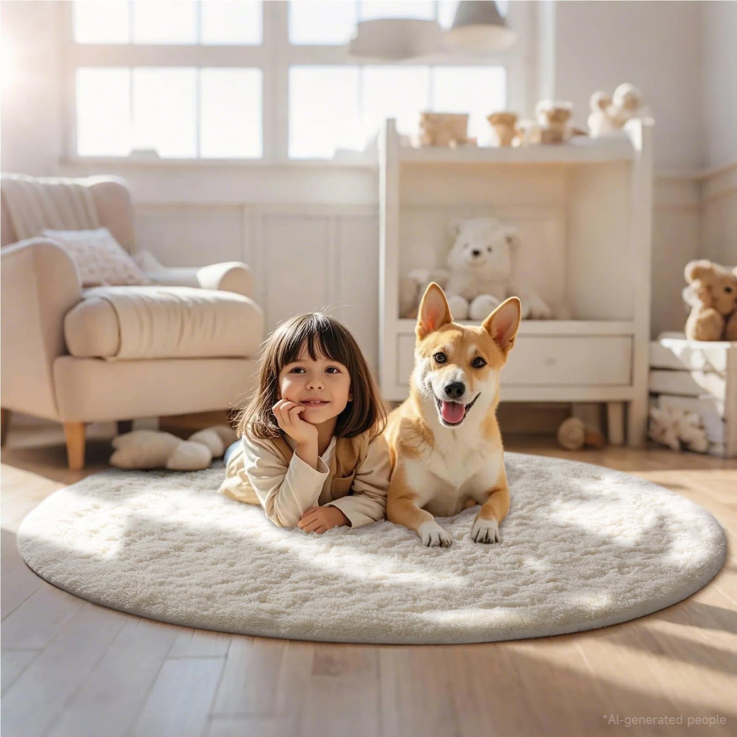 Ophanie Round Rugs 5Ft Ivory Circle Area Rug Washable, Nursery Living Room Decor Aesthetic Bedroom Home Circular Carpet 5 Foot, Fluffy Fuzzy Shag Plush Cream Rugs for Kids Boys Girls Teen Baby