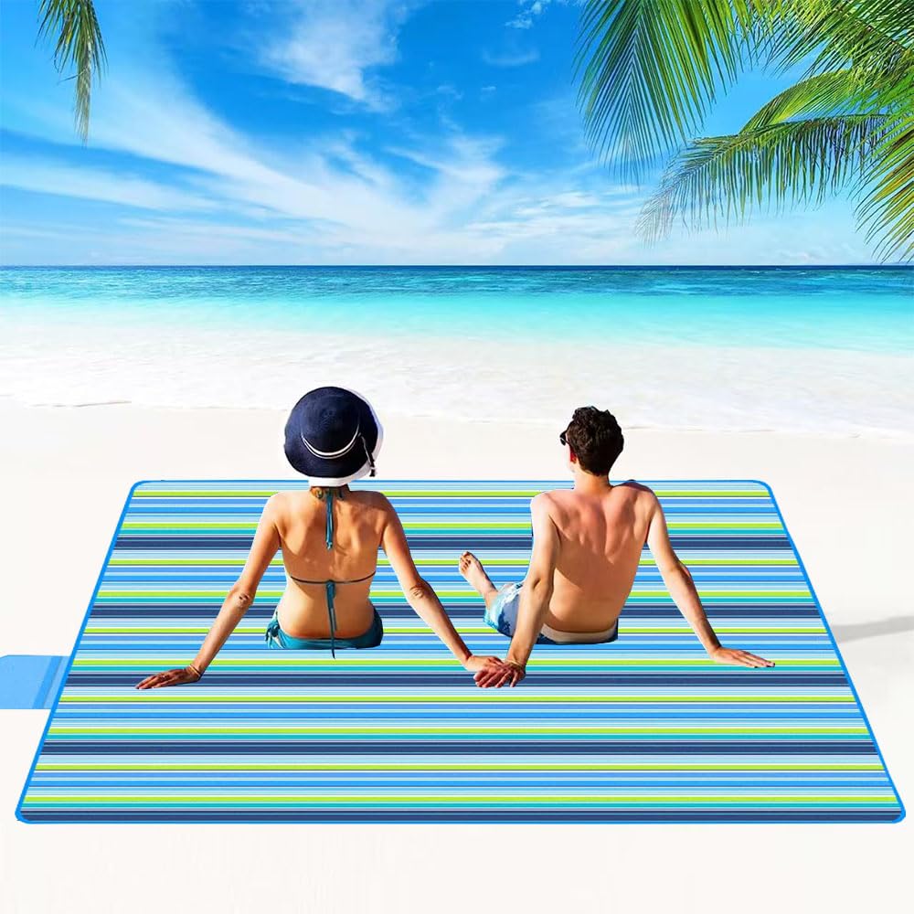 K Y KANGYUN Picnic Blanket | Beach Mat| Picnic Blankets for Indoor and Outdoor, 80" x 60" Sandproof Waterproof Larger Mats for Travel, Camping, Hiking, Park Grass, Handy Tote, Foldable (Blue Line)