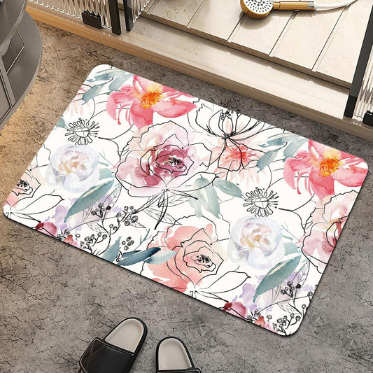 ZHUZHISHAN Bath Mat Rug,Pink Watercolor Peonies Non Slip Quick Dry Super Absorbent Thin Bathroom Rugs Fit Under Door-Easy to Clean Bathroom Floor Mats-Shower Rug for Shower Sink Bathtub(16" x 24"in)