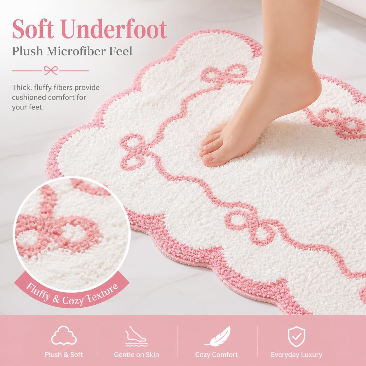 Softania Pink Scalloped Bow Bathroom Rug - 20x32 Inch Cute Coquette & Preppy Bath Mat for Apartment, Vanity & Dorm, Soft Plush Microfiber Mat, Non-Slip & Washable