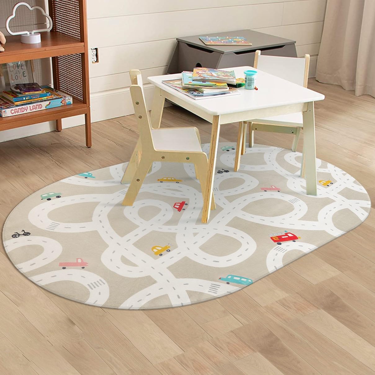 STARUIA Large Kids Rug for Playroom, 4x6 Washable Road Car Rug for Kids Room, Non-Slip Car Carpet for Boys Room, Tan Traffic Classroom Rugs Soft Baby Play Mat for Bedroom Dorm Nursery Tent