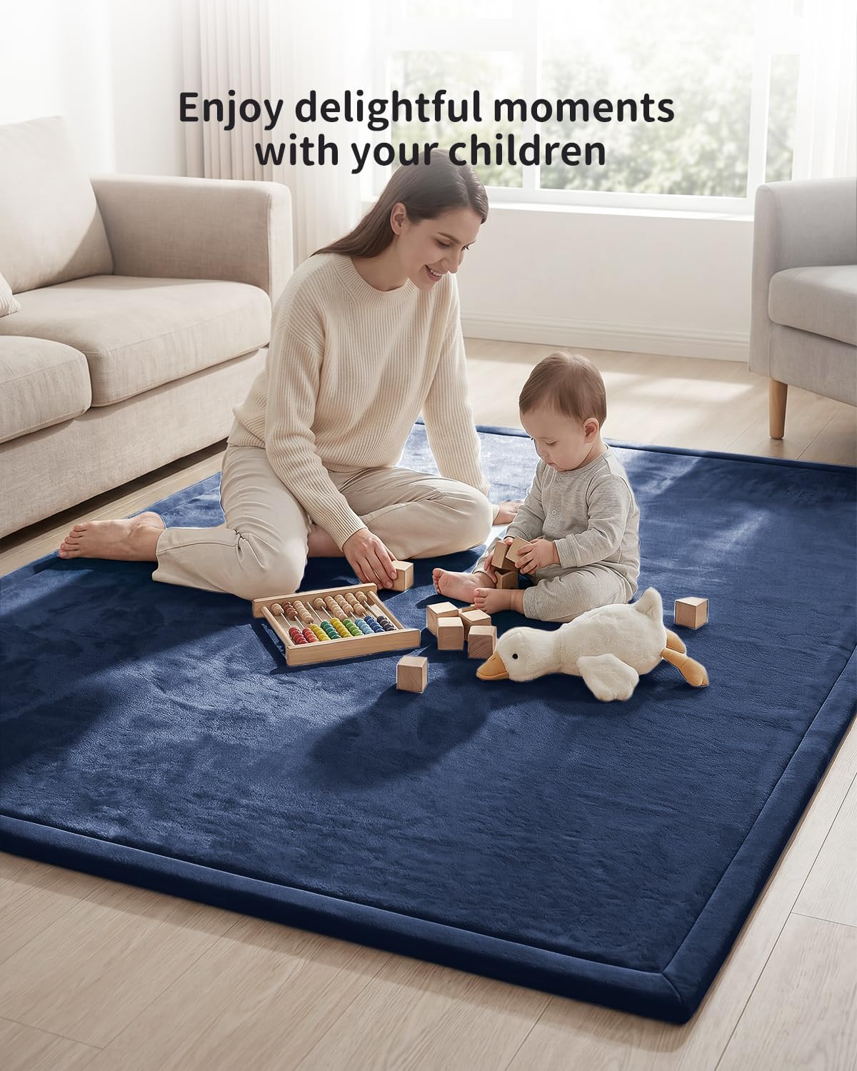 Goyuu Ultra Soft 1.3" Thick Baby Play Mat for Floor, 50x50 Playpen Mat Elasti-Foam Padded Crawling Mat for Babies, Toddlers, Infant, Kids, Non-Slip Backing Safe for Tummy Time, Dark Blue