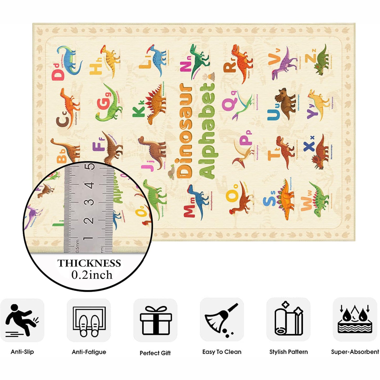 Area Rug 6x9 Living Room Dinosaur Rug Dino Alphabet Toddler Educational Area Rugs Machine Washable Non Slip Low Pile Large Dining Room Indoor Floor Carpet for Kids Room Nursery Playroom,Beige