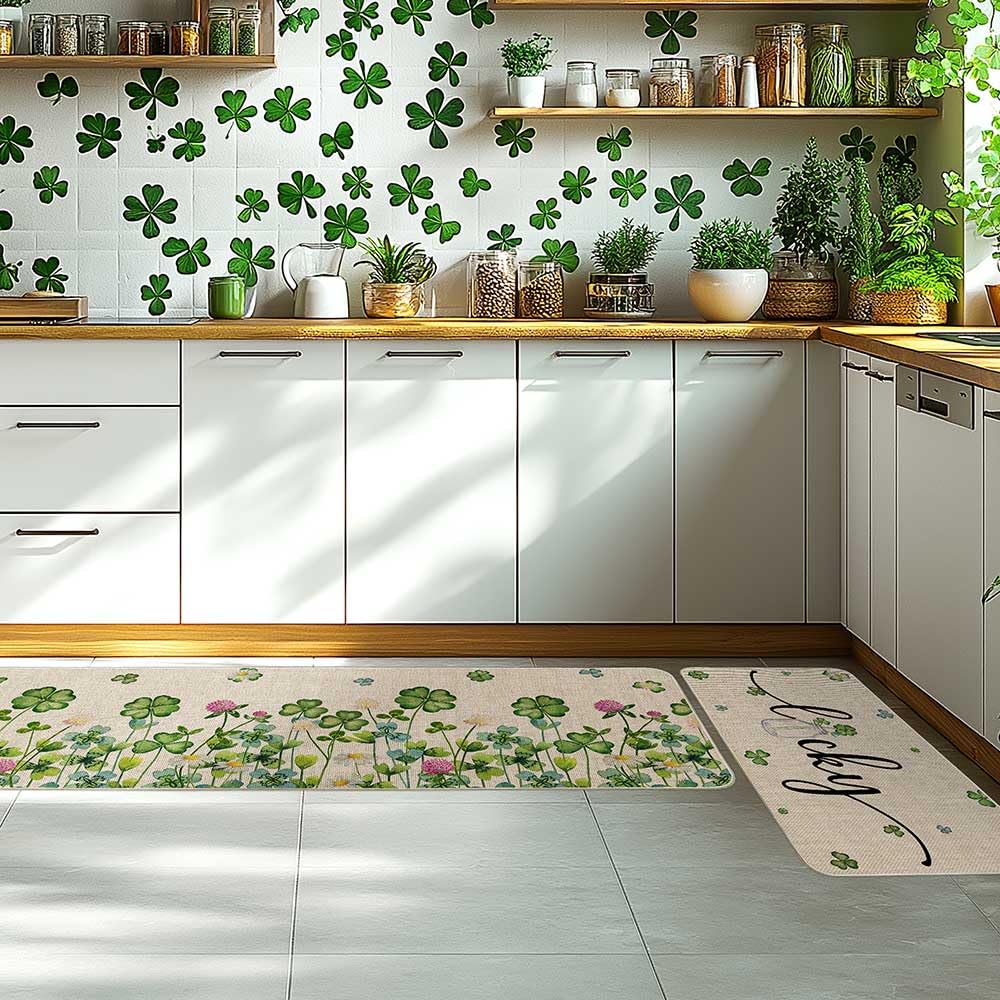 Printspree Lucky Clover Kitchen Rugs Set of 2, Shamrock and Floral Design for Kitchens, Doorways, and St. Patrick's Day Decor, Non-Slip Rubber Backing Floor Mats, 17x29 and 17x47 Inch