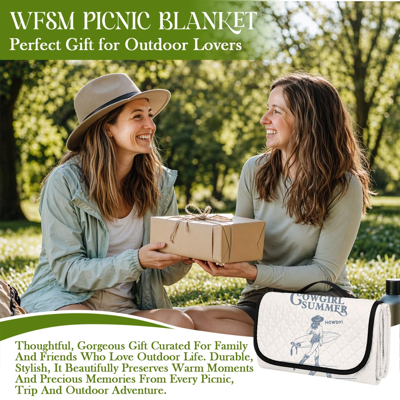 WFSM Cowgirl Gifts Picnic Mat 80x60 Inch, Summer Coastal Cowgirl Aesthetic Outdoor Play Mat for Adults and Toddlers Waterproof Sandproof Beach Blanket Travel Camping Rug