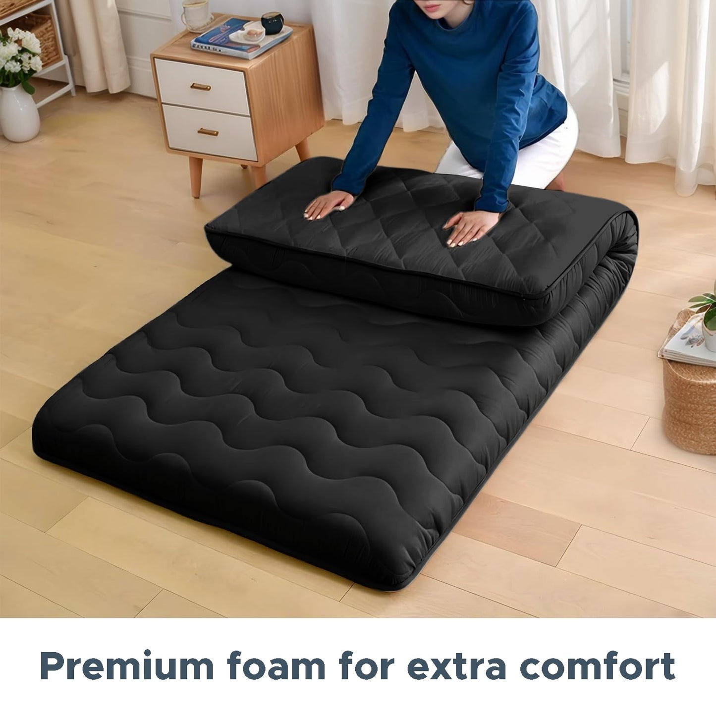 Japanese Floor Mattress, 100% High Density Comfortable Foam, 4" Thicken Foldable Mattress Tatami Mat Sleeping Pad, Ideal for Comfort and Support, Kids Floor Lounger Pillow Bed Sofa, Black, Queen
