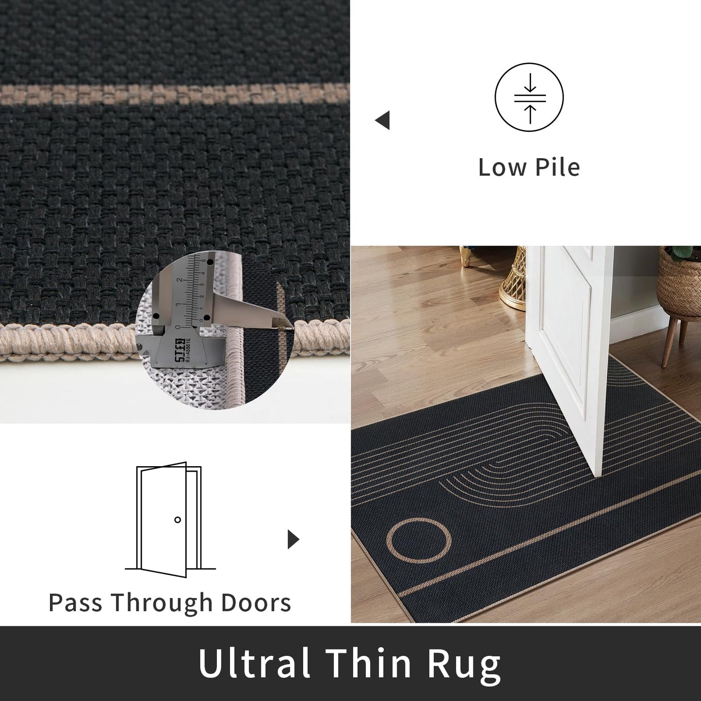 Tangsoo 2x3 Easy Jute Rug for Entryway,Washable Ultra Thin Small Area Rug Non-Slip Black Outdoor Mat, Modern Geometric Line Front Door Carpet for Kitchen Bedroom Porch Doorway Entrance