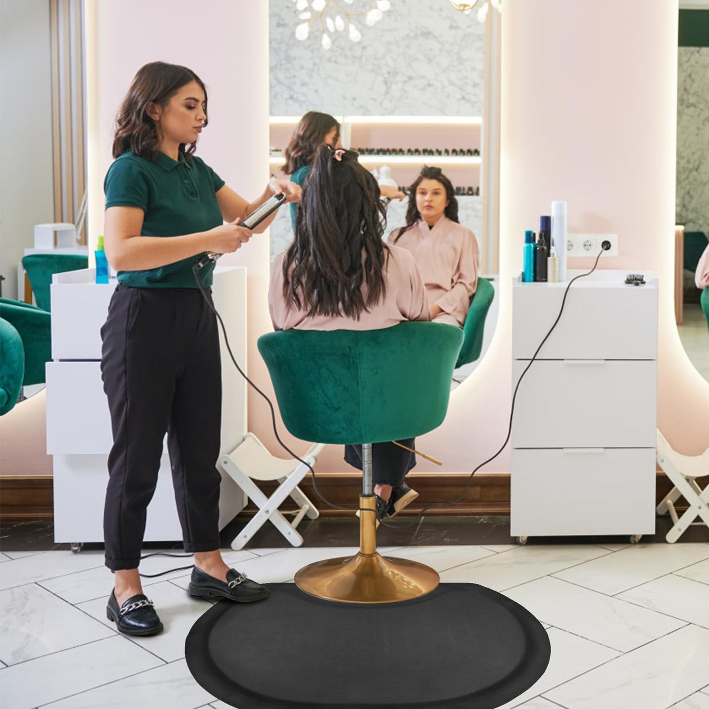 Amcomfy Anti Fatigue Semi Circle Salon Mat for Hair Stylist Anti-Slip Antique Series Salon & Barber Shop Chair Floor Mat (2.5' x 3.5' x 1/2'', Black)