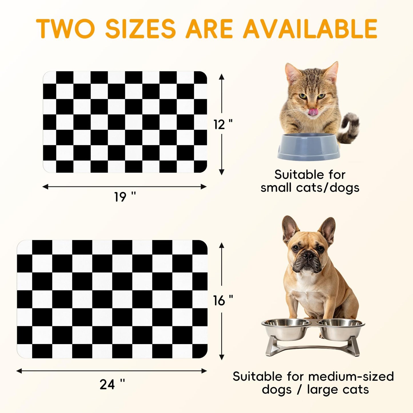 Focysep Absorbent Checkered Dog Food Mat, Leakproof Quick-Dry Pet Feeding Mat Cat Food Mat 24" x 16"Black for Food & Water Bowls, Easy-Clean Pet Bowl Mat for Dogs & Cats, Kitchen, Home or RV Use
