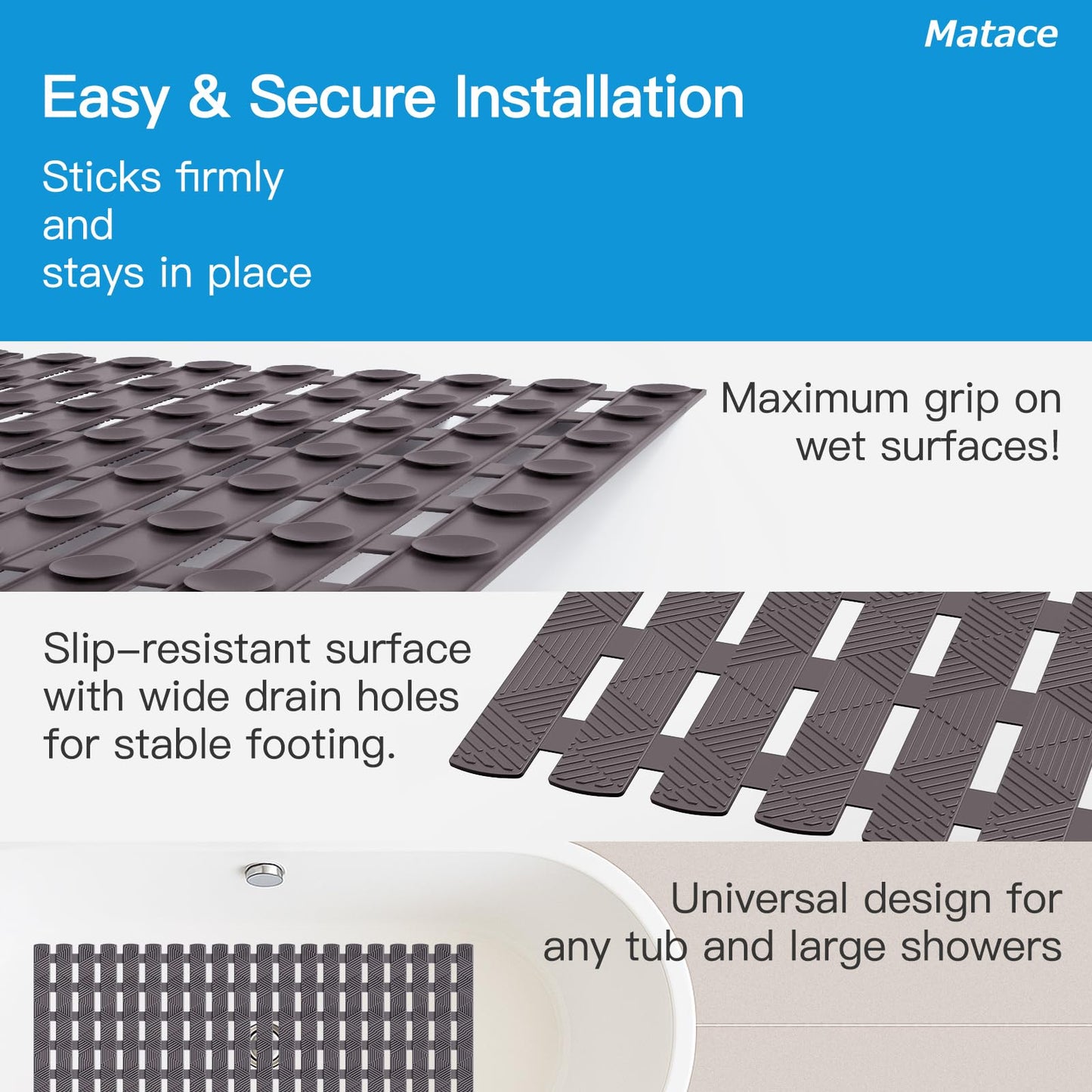 Bathtub Mat Non Slip - for Inside Bath Tub & Shower, Small 27x16 Inch, 180 Strong Suction Cups, Soft Textured Surface, Fast Drain & Quick Dry, Bathroom Safety Mat, Dark Gray, Matace