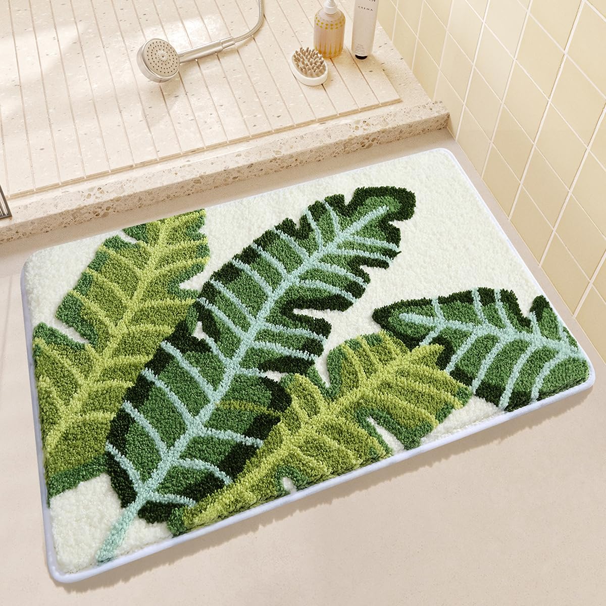 Loismood Palm Leaf Bathroom Mat Quick-Drying and Soft Microfiber Carpet Macine Wash Non Slip Rug for Bedroom, Sink and Shower (23"x16")