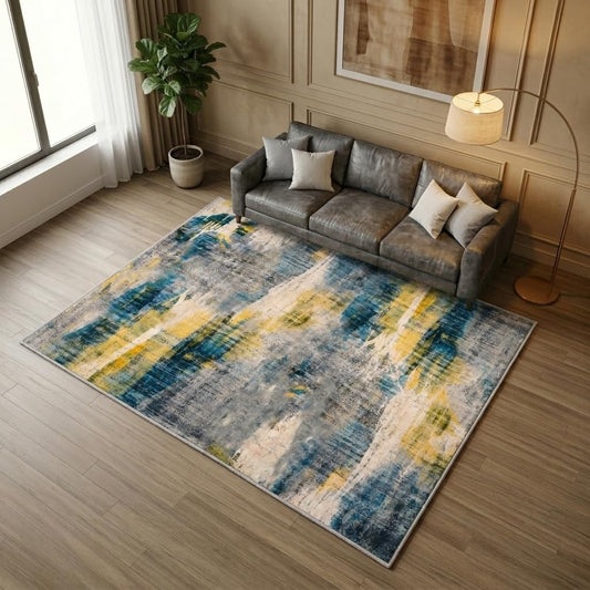 Xinlezx 5x7 Area Rug for Living Room, Washable Non Slip Abstract Area Rug, Blue Gray Modern Carpet with Yellow Accents, Soft Faux Cashmere Foldable Rug for Bedroom Dining Room Home Office