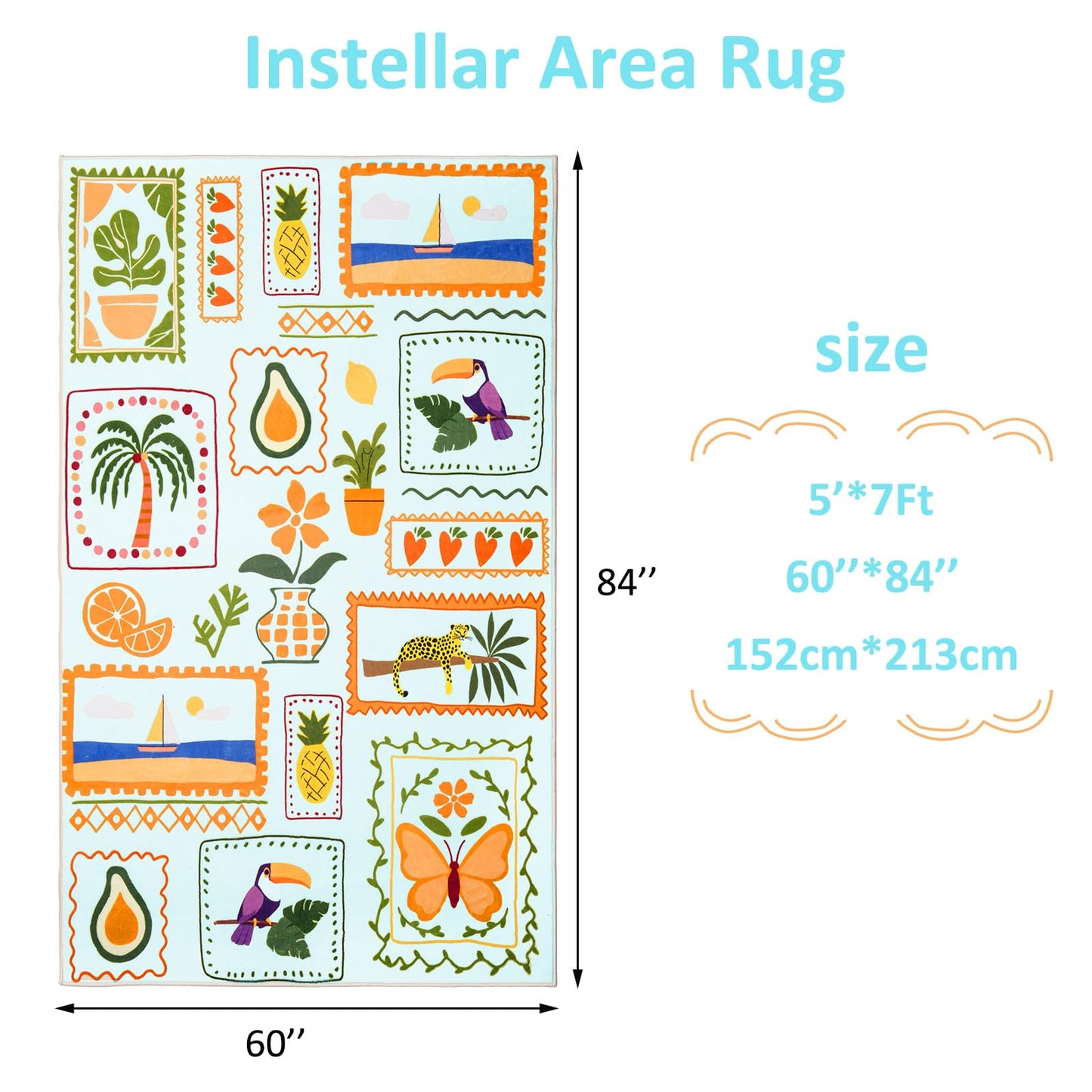 Instellar 5x7 Washable Kids Rug, Soft Low Pile Large Area Rugs with Non-Slip Plant & Animal Pattern Carpet for Nursery Bedroom Playroom Classroom Living Room,Light Blue