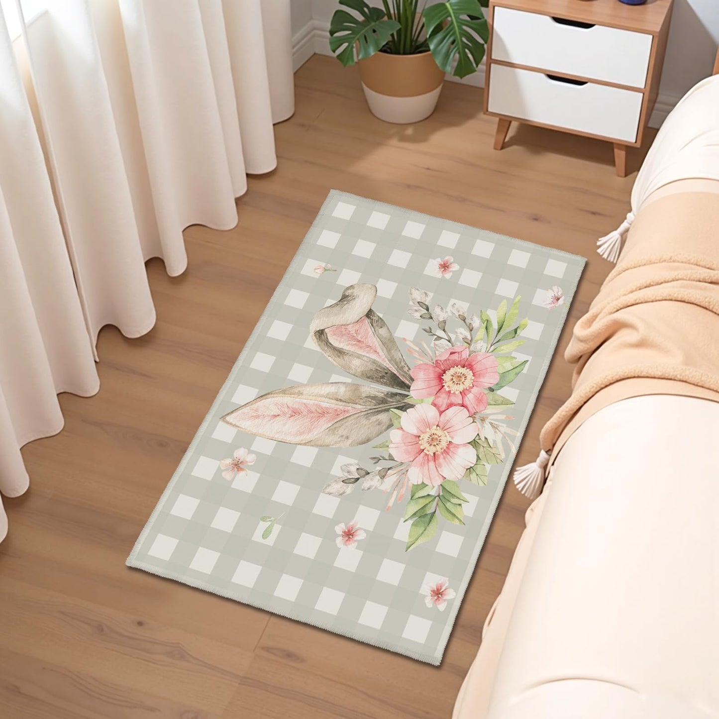 Cryomitron Easter 2x3 Rugs for Entryway Easter Bunny Ear Buffalo Plaids Front Door Mat Indoor Non Slip Low Pile Area Small Rugs Spring Rabbit Floral Throw Rugs for Kitchen Bathroom Bedroom Living Room
