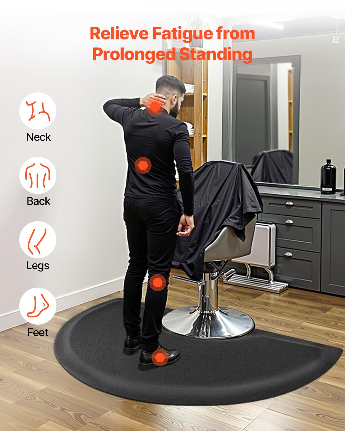 VEVOR Salon Mat for Hair Stylist, 3 x 5 FT Semi-Circle Salon Chair Mat, 1/2-inch Thickened Anti Fatigue Barber Shop Floor Mat with Round Cut Out, Easy-to-Clean PVC Surface & Anti-Trip Beveled Edges