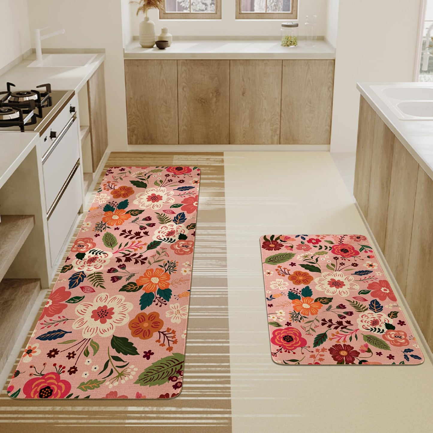 Xsinufn Boho Floral Kitchen Mat Set of 2,Modern Farmhouse Flowers Kitchen Rugs and Mats Non Skid Washable,Spring Summer Bohemian Kitchen Runner Rugs with Rubber Backing (Pink 17"x47"+17"x30")