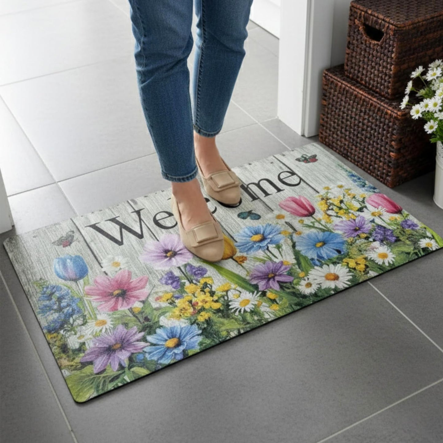 XADP Welcome Mat 17x29 Inch Spring Summer Outdoors Indoors Front Door Mat, Low Profile Doormat for Outside Inside Home Entrance, Non Slip Rubber Back Floor Rugs for Entryway, Flower