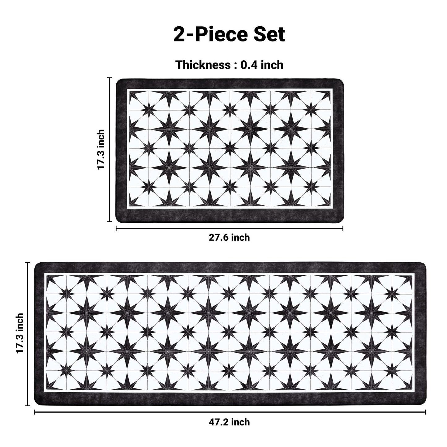 OnesCosy Black Kitchen Rugs Set of 2, Anti Fatigue Mats for Kitchen Floor, Waterproof Cushioned Rug, Non Slip Memory Foam Standing Mat for Sink, Stove, Laundry, Star Tile, 17.3"x27.6"+17.3"x47.2"