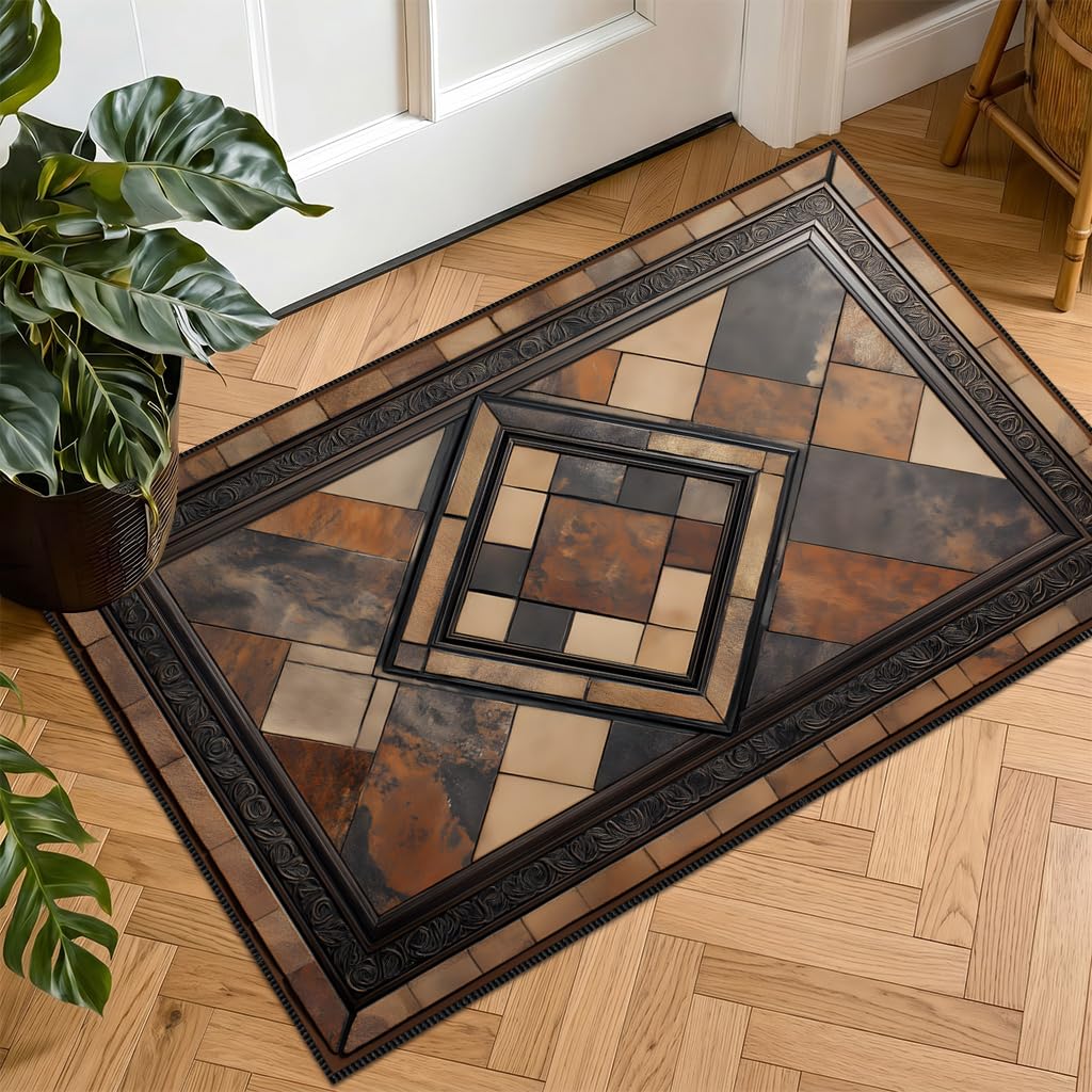 Vintage Geometric Faux Cashmere Non-Slip Rug, 15.7 x 23.6 Inches, Brown Patchwork Accent Mat for Entryway, Bedroom, Bedside, Kitchen and Bathroom Dry Area (Brown)