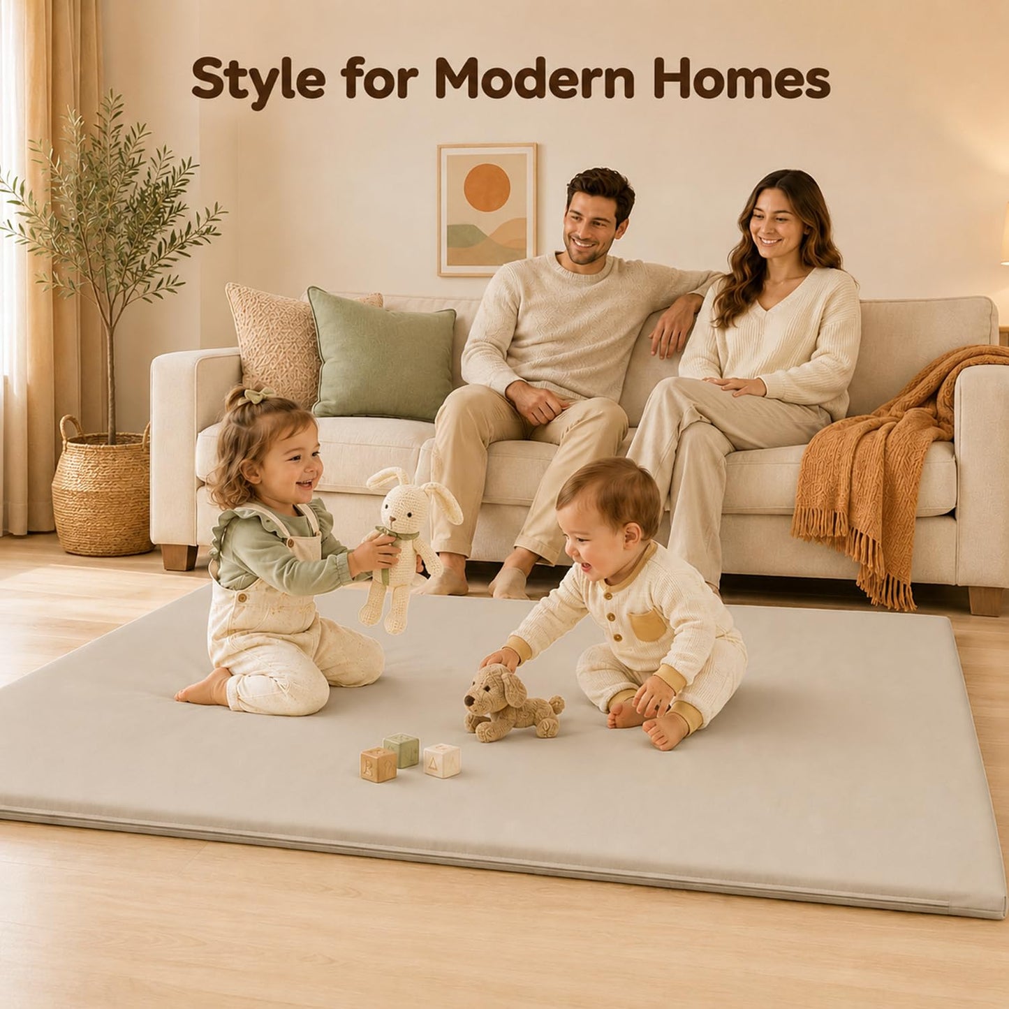 Funyoo Vegan Leather Baby Play Mat, 79x71 Thick Cushioned Waterproof Playpen Mat, Stylish Removable Cover Floor Mat for Babies & Toddlers, Non-Slip Bottom for Safe Crawling, 1.3" Thick, Grey