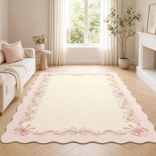 Cosovia Washable Scalloped Area Rug 5x7, Coquette Bow Pink Low Pile Non Slip Indoor Floor Carpet Mat Vintage Girly Rugs for Living Room, Bedroom, Home Office and Dorm Decor