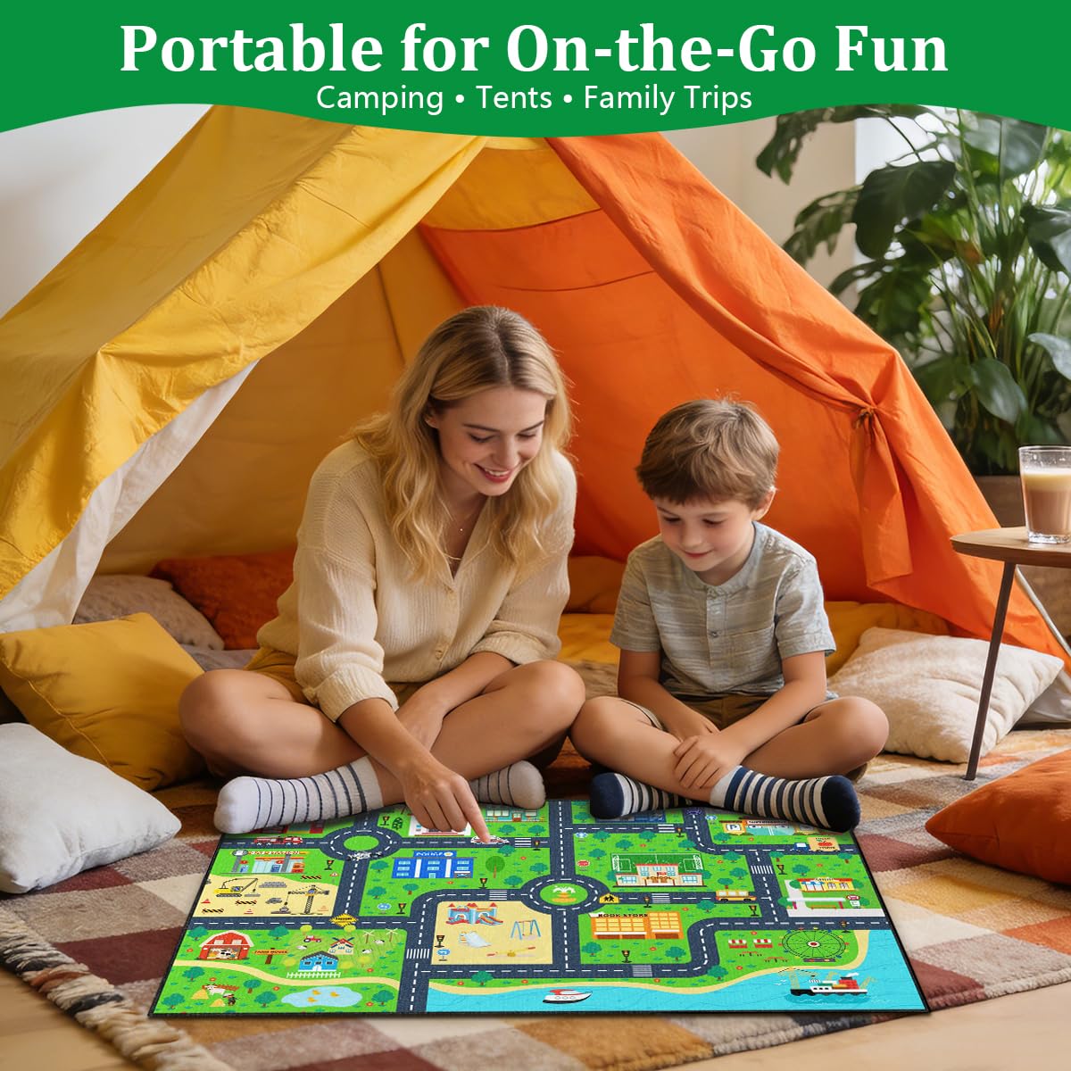 Road Rug for Kids 2×3 Ft - Car Track Road Map Play Mat, City Traffic Learning Carpet, Smooth Low-Pile with TPR Non-Slip Backing for Playroom