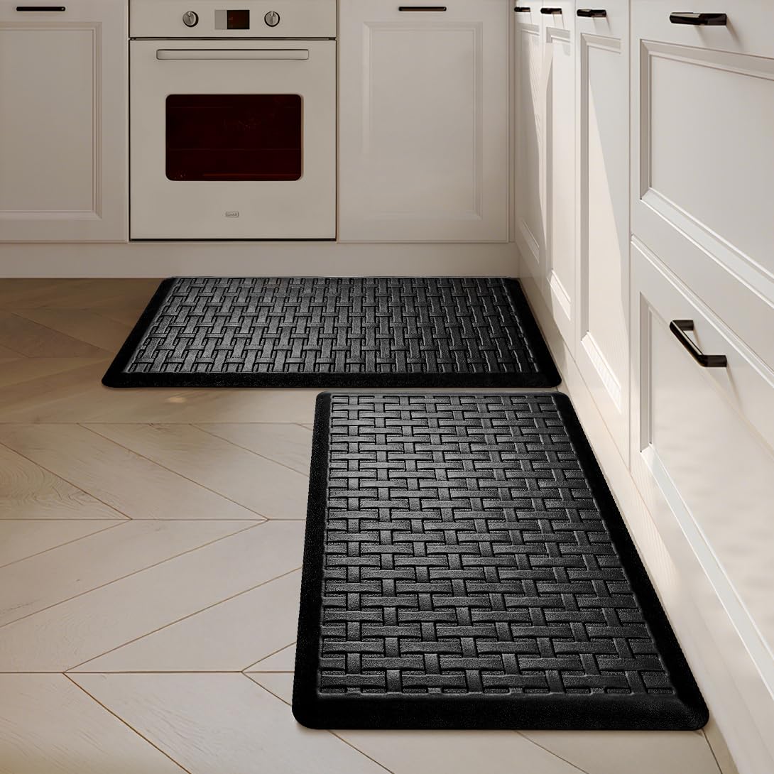UKISS 2PCS Kitchen Rugs, Cushioned Anti Fatigue Kitchen Mats for Floor, Waterproof Kitchen Rug，Non-Slip Comfort Standing Mat for Kitchen (Black, 17.3"x28"+17.3"x28")