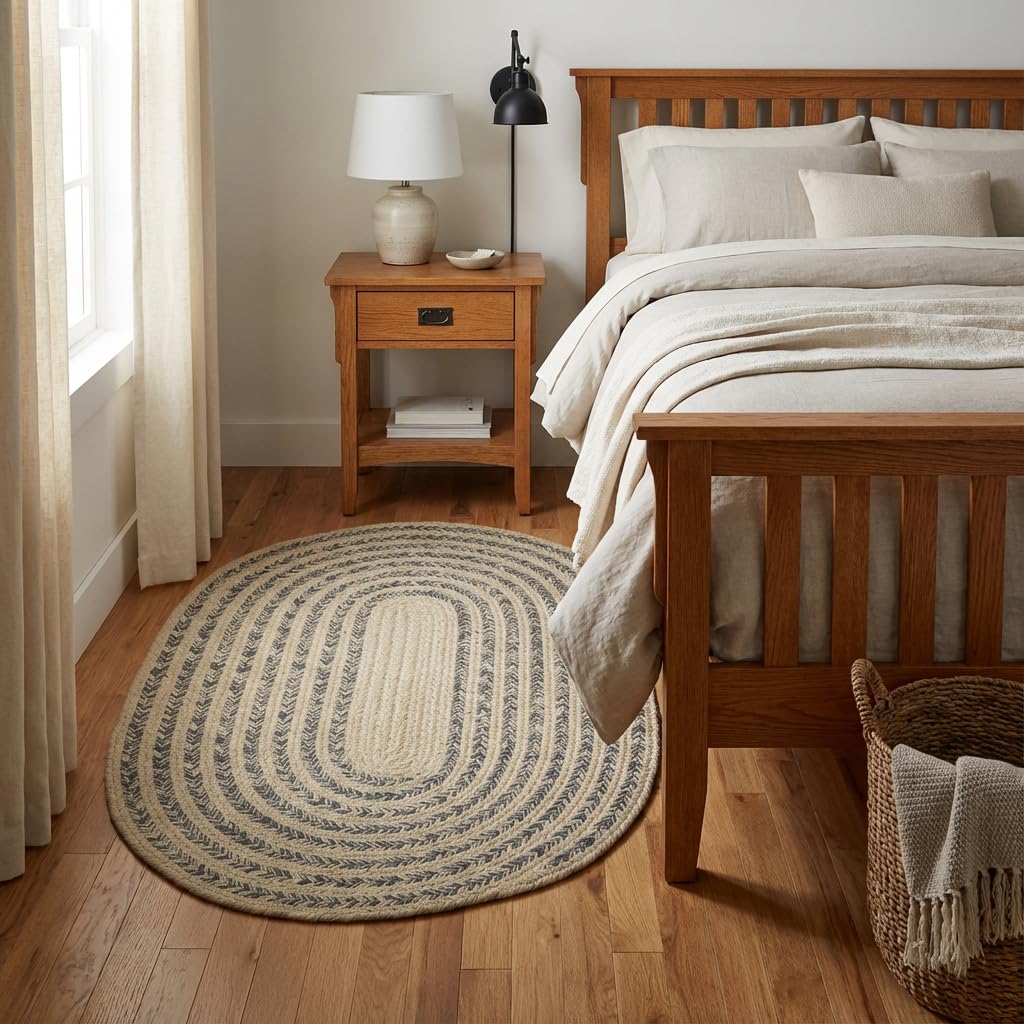 Cotton Braided Rug - 3' X 5' Beige and Charcoal Oval Woven Farmhouse Rug for Kitchen - Braided Minimalist Rugs for Entryway - Rustic Primitive Rugs for Bedside