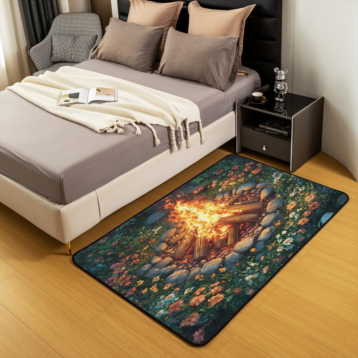 Campfire Decorative Rug 5x6'6'',Happy Camping Indoor Floor Mat for Playroom Bedside Sofa Bedroom,Tree Stump Woodland Campsite Non Shedding Carpet for Outdoor Adventure RV Car