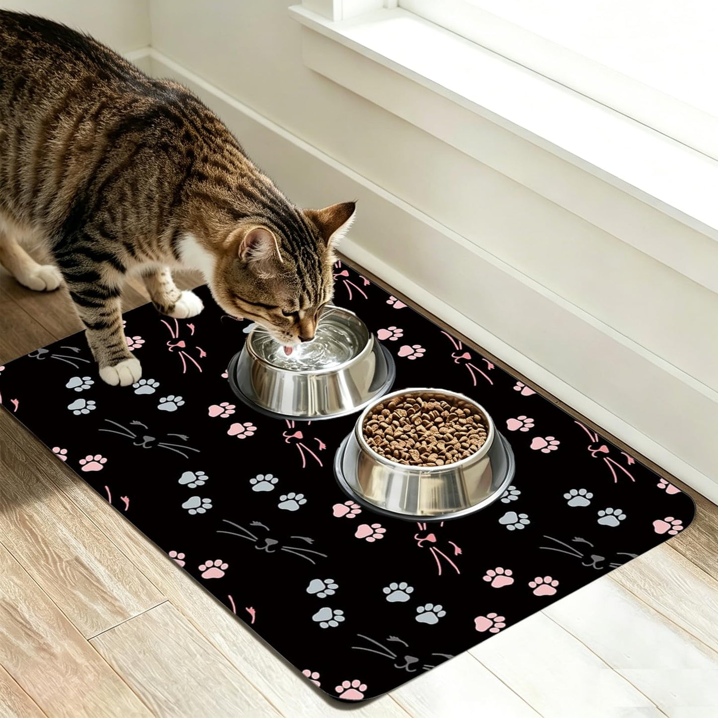 Patterned Cat & Dog Bowl Mat for Food and Water, 12"×20" Quick Dry Absorbent Pet Feeding Mat, Eco-Friendly Dog Placemat