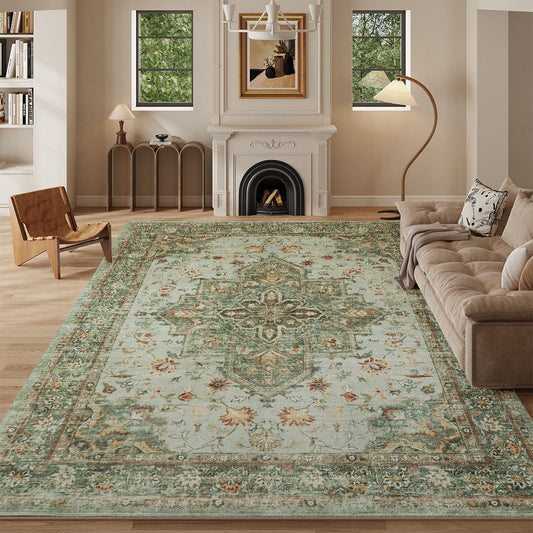 8x10 Washable Area Rug Vintage Green, Floral Distress Medallion Ultra-Thin Low Pile Carpet for Living Room Bedroom Dining, Non-Slip Non-Shedding Stain Resistant Rug for Home Office Decor