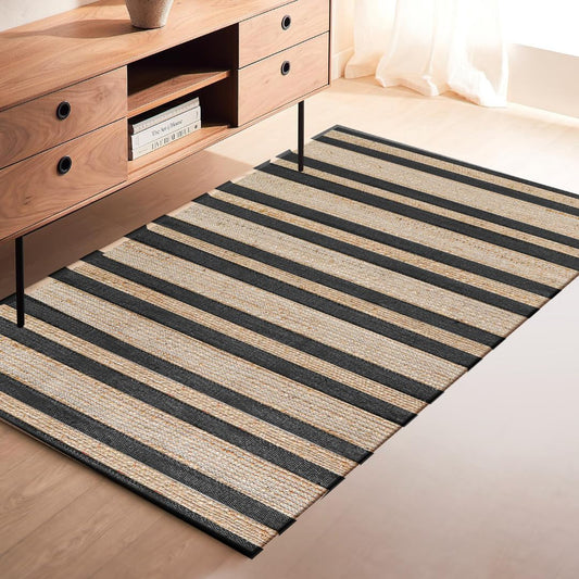 CottonCove Area Rug Farmhouse 3x5 Feet - Hand Woven Jute Cotton Rug Bohemian Rustic Vintage - Non Slip Floor Rug for Bedroom Living Room Kitchen Dorm Entryway Hallway - Area Rug Natural Black