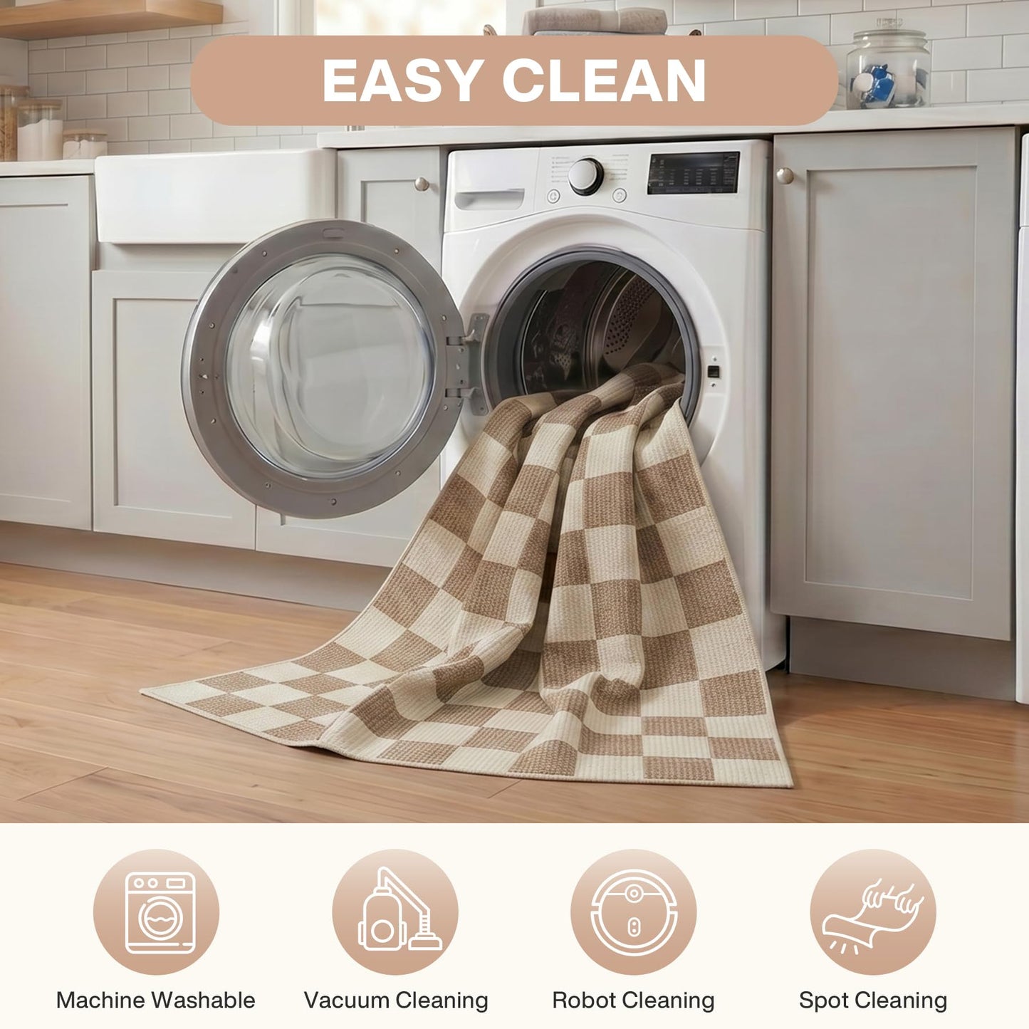 Tribesigns Checkered Washable 8x10 Area Rugs for Living Room, Soft Non-Slip Brown Bedroom Dining Room Rug, Geometric Neutral Printed Carpet for Playroom Home Decor, Oeko-Tex Certified