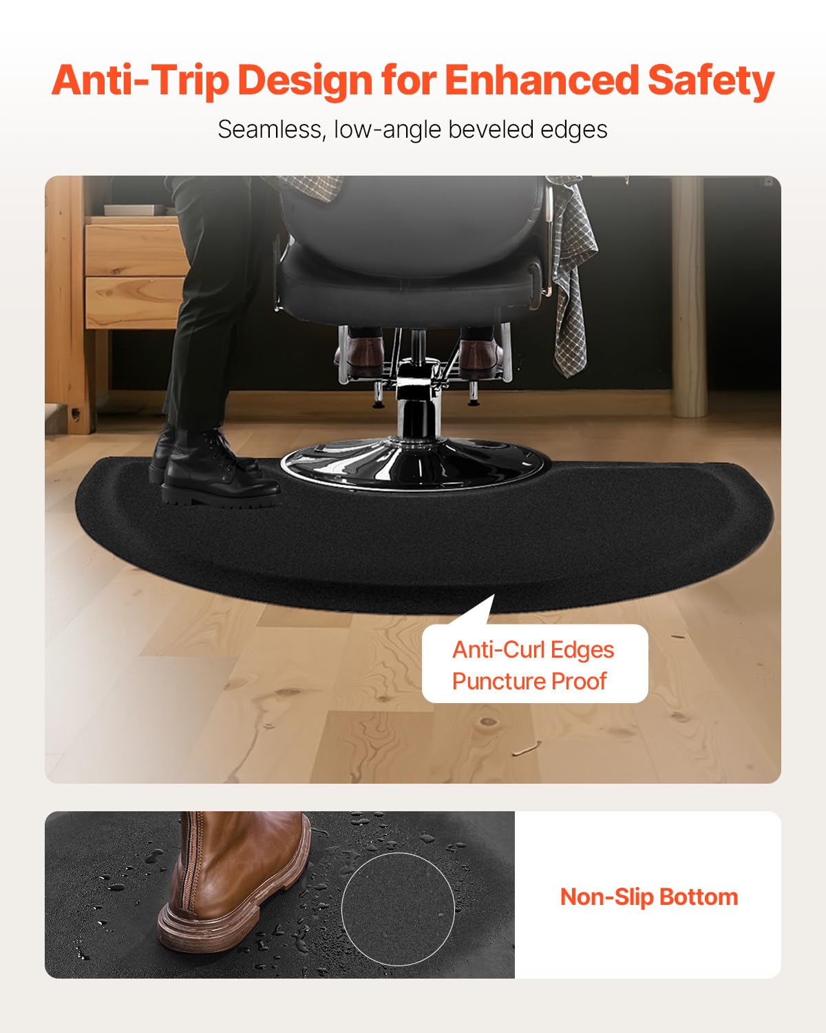 VEVOR Salon Mat for Hair Stylist, 3 x 5 FT Semi-Circle Salon Chair Mat, 1/2-inch Thickened Anti Fatigue Barber Shop Floor Mat with Round Cut Out, Easy-to-Clean PVC Surface & Anti-Trip Beveled Edges