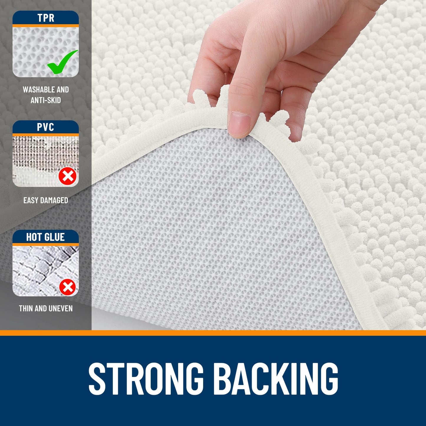 OLANLY Bathroom Rugs Sets 3 Piece, Soft Absorbent Chenille Bath Mats and U-Shaped Contour Toilet Rug, Quick Dry, Home Decor Accessories, Bath Mat Set for Bathroom (47"x20"+24"x16"+24"x20", Ivory)