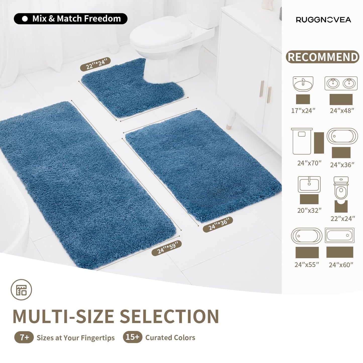 Ruggnovea Toilet Rugs U Shaped Washable, 24x22 Contour Bath Rugs for Toilet, Luxury Ultra Soft Microfiber U-Shaped Toilet Rug, Non Slip Absorbent Machine Washable Bathroom Mat for Toilet, Blue