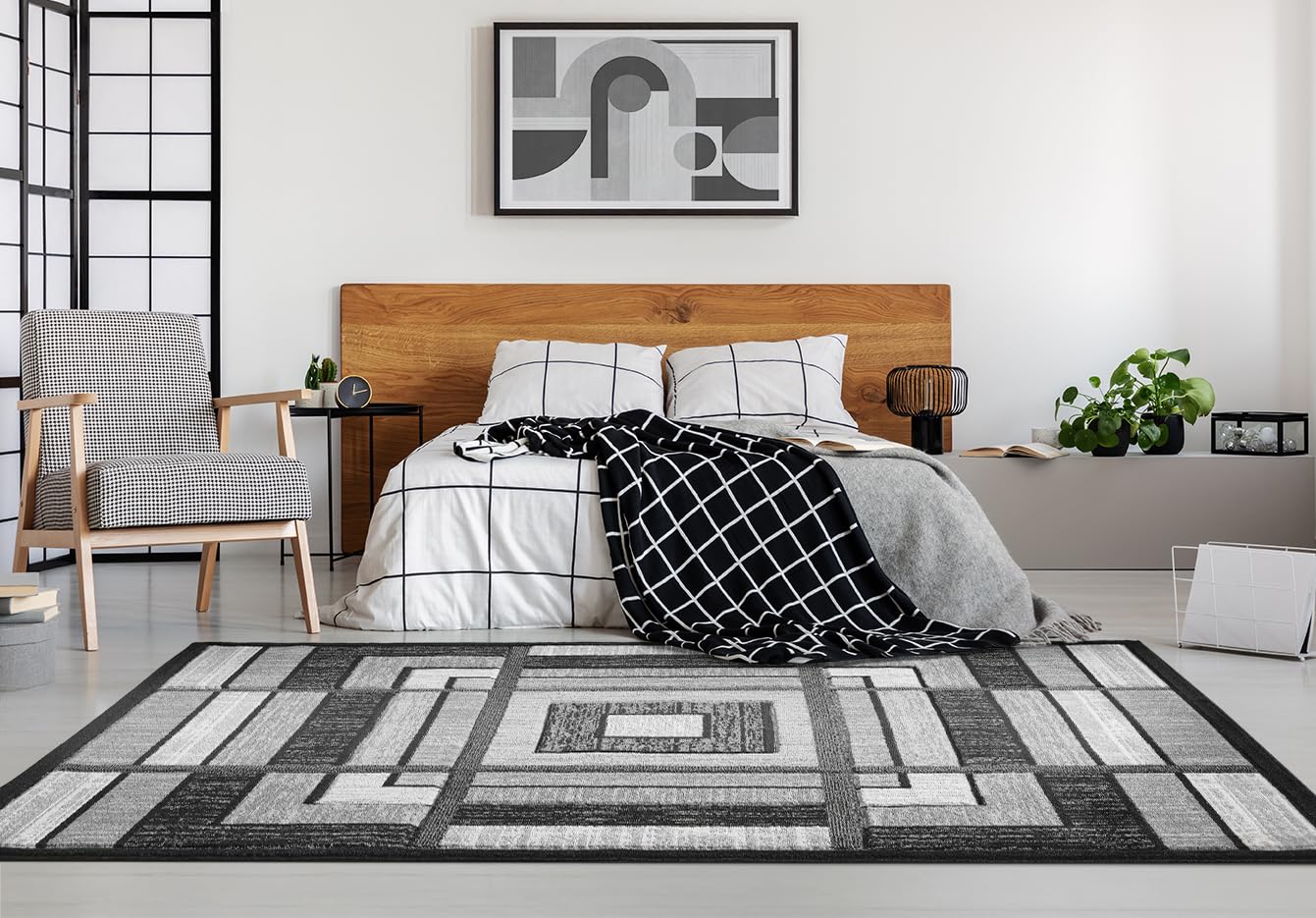 HADBA Modern 5x7 Grey Geometry Living Room Rug - Area Rugs for Living Room Dining & Bedroom - Hand Carved Runner Carpet - Durable Polyester - Non-Fade Stain-Resistant - Turkish Made