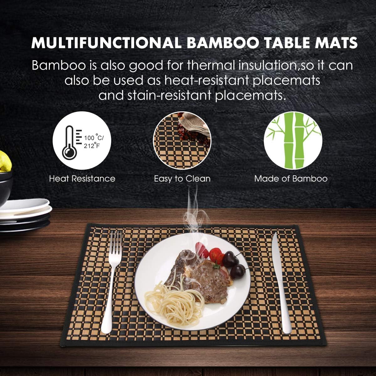 Bamboo Placemats Set of 4, Heat Resistant Place Mats for Dining Table, Durable Bamboo Table Mats, Stain Resistant & Easy Clean Placemats for Kitchen, Indoor/Outdoor Use 11.5 x 17.5 Inch