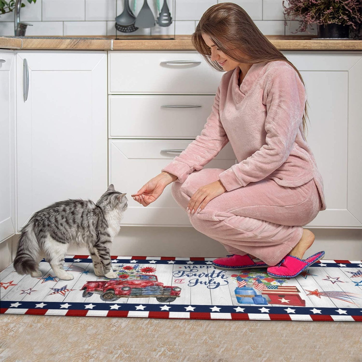 American Patriotic Farmhouse Kitchen Rugs Sets of 2,4th of July Memorial Day Independence Day Mats for Floor,Liberty Freedom Non Slip Holiday Decor Mat for Sink, Laundry, Office 17"x 47"+17"x 30"