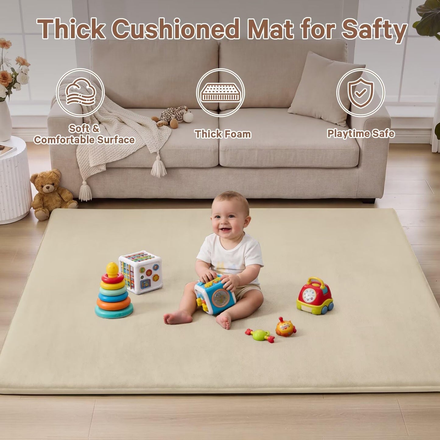 Baby Play Mat for Floor,Ultra Thick Elastic Foam 59"x59" Playmat Tummy Time Muscle Crawling Exercise Activity Cushion Gym Mat Nursery Playroom Area Kids Rug for Babies, Toddlers,Infants,Beige