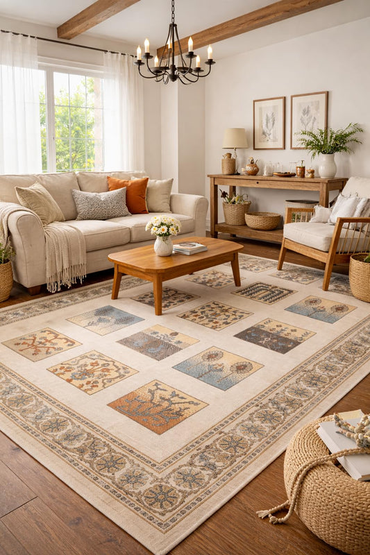 FLYRUGGO 5x7 Traditional Patchwork Area Rug, Vintage Persian Floral Design Soft Low Pile Rug for Living Room Bedroom Warm Ivory