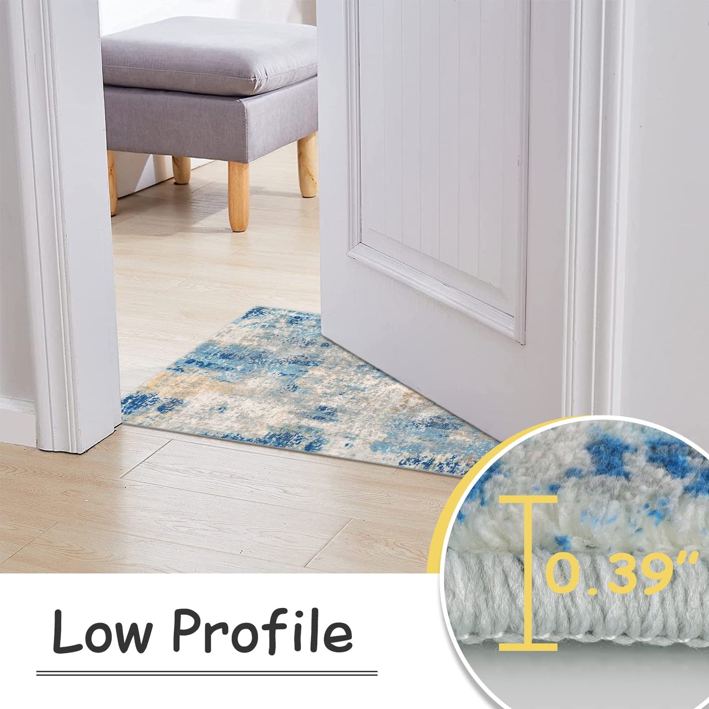 Lahome Modern Abstract Kitchen Rug - 2x3 Washable Small Front Doormat Soft Throw Rugs for Entryway Non-Slip, Contemporary Faux Wool Floor Indoor Carpet for Bathroom, Blue/Yellow/Ivory