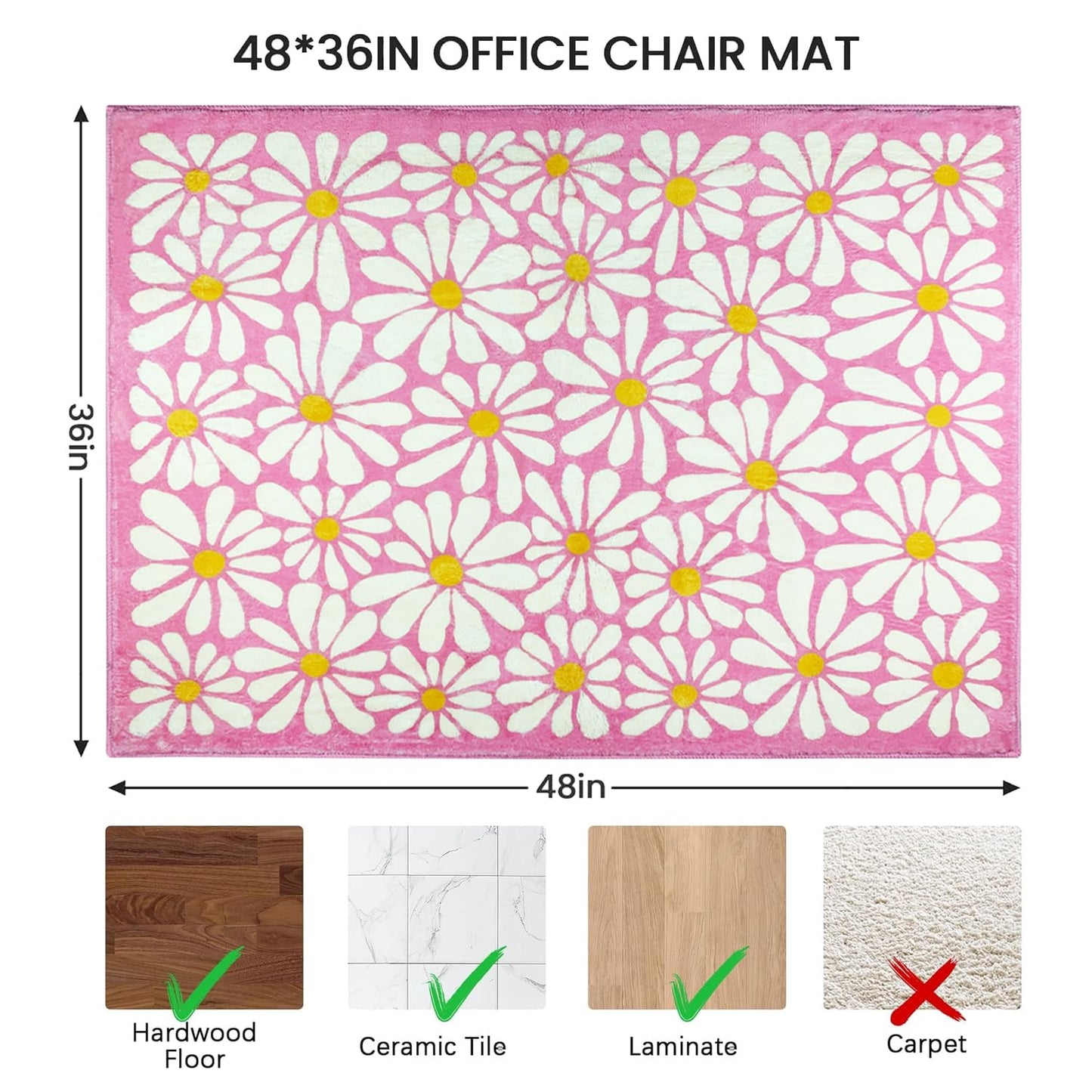 SHIYUE Office Chair Mat for Hardwood/Tile Floor Carpet, 36"x48" Computer Desk for Rolling Chairs Protector Gaming Non Slip Under TPR Backing Rug(Pink Floral)