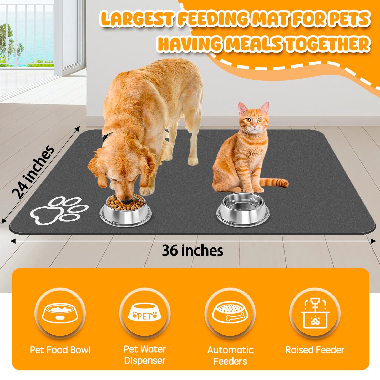 Dog Food Mat, 36" x 24" Extra Large Absorbent Dog Mat for Food and Water, Non Skid Cat Bowl Mat, No Stains Quick Dry for Pet Water Dispenser Pet Supplies for Messy Drinkers